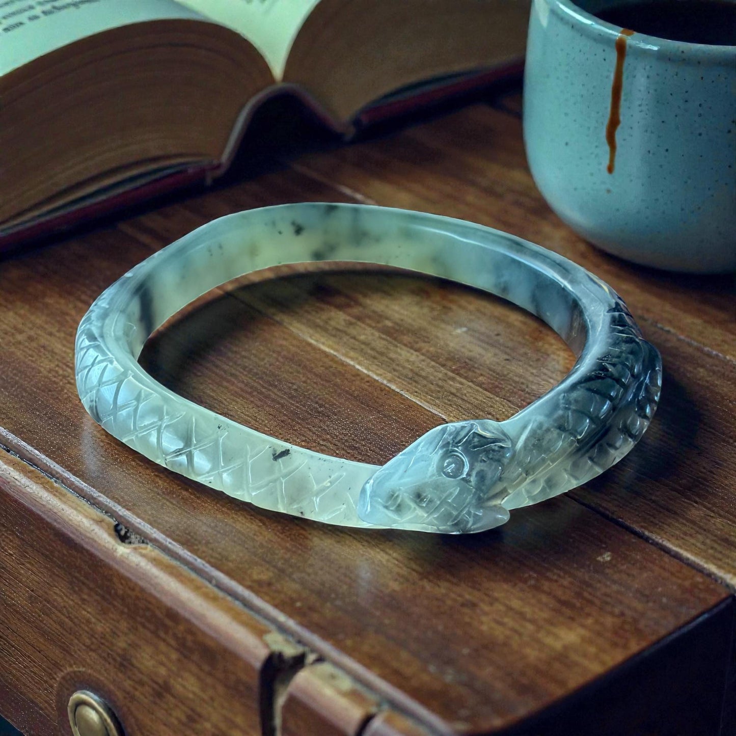 Hand-Carved Snake Bangle in Natural Nephrite Jade – 60.6 mm