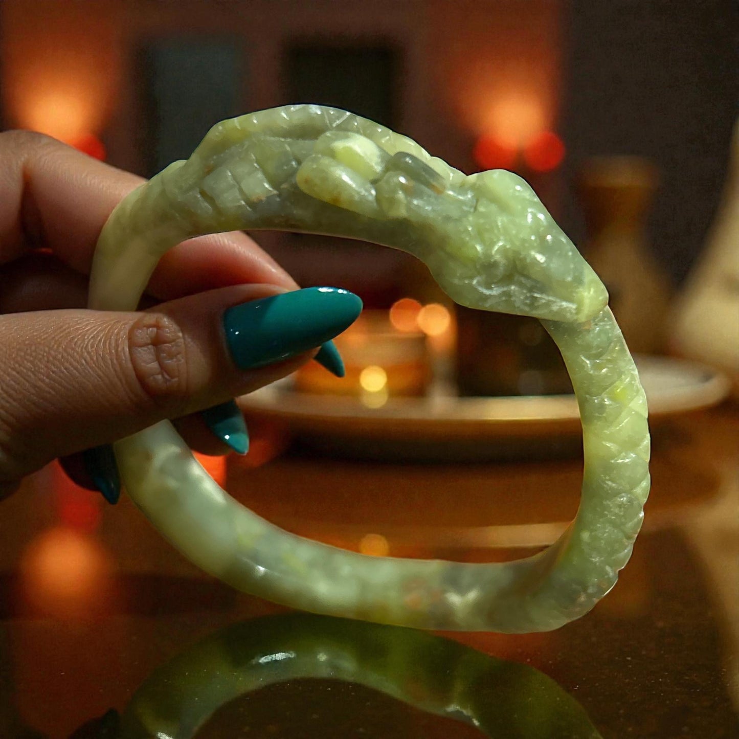 Hand-Carved Serpentine Dragon Bangle Bracelet  – Green Serpent Protection Bracelet