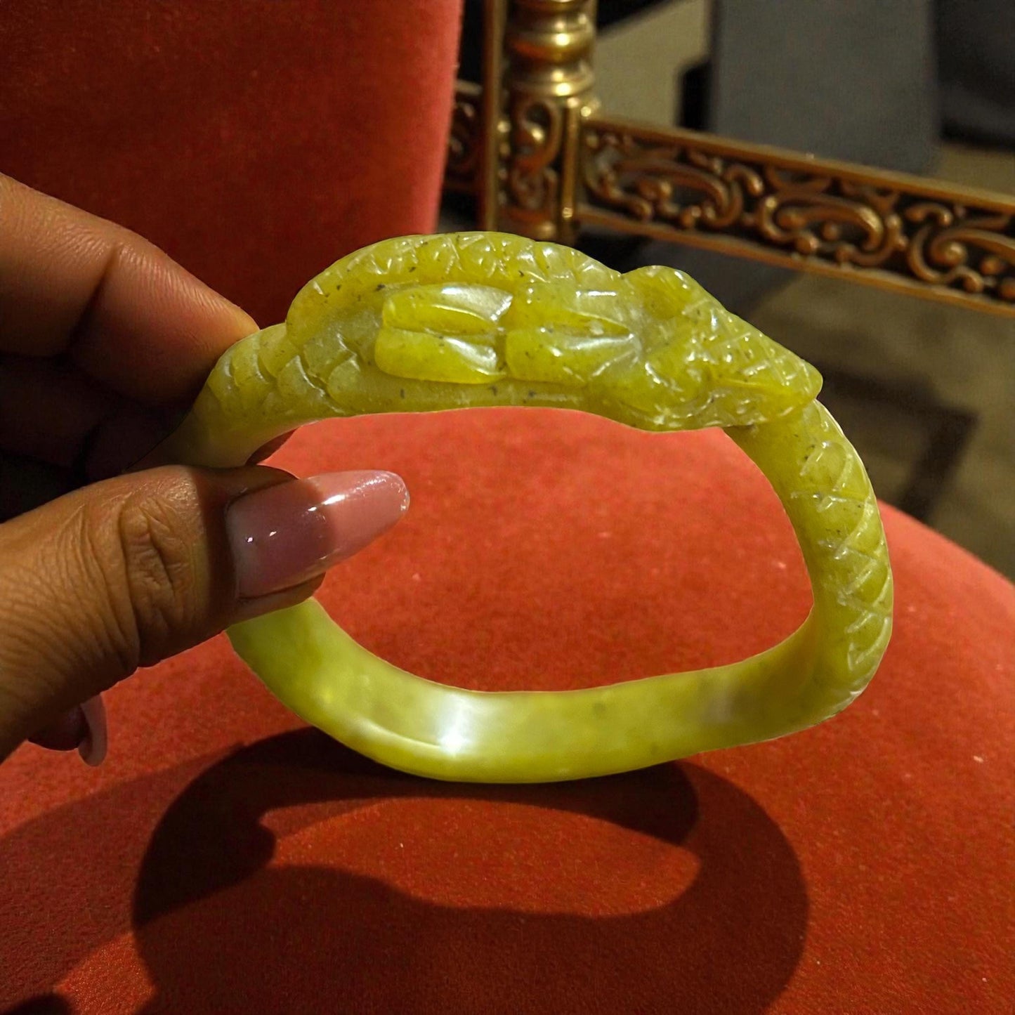 Hand-Carved Serpentine Dragon Bangle Bracelet  – Green Serpent Protection Bracelet