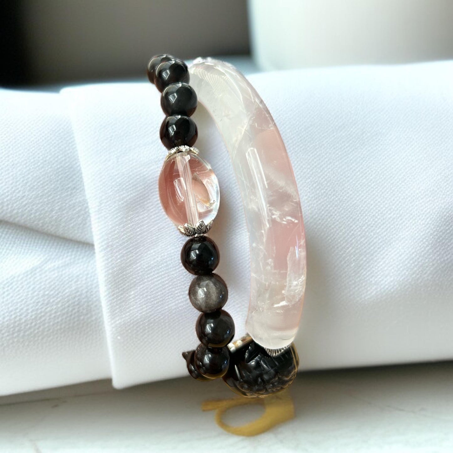 Silver Obsidian Pixiu Prosperity Stack with Clear Quartz