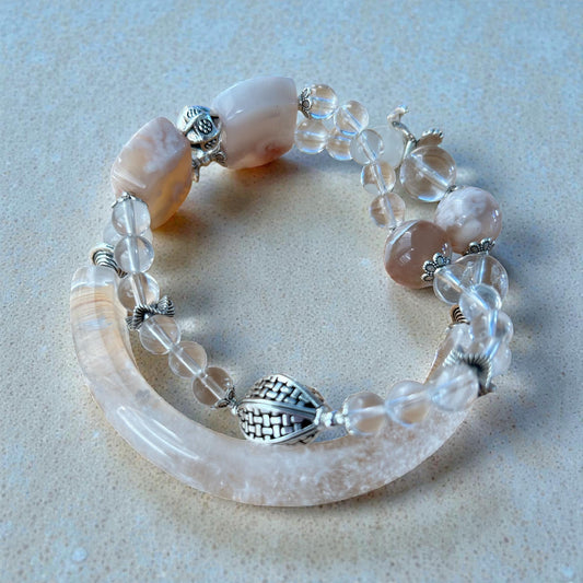 Sakura Agate & Clear Quartz Crescent Bangle with Vintage Silver Accent – 7in