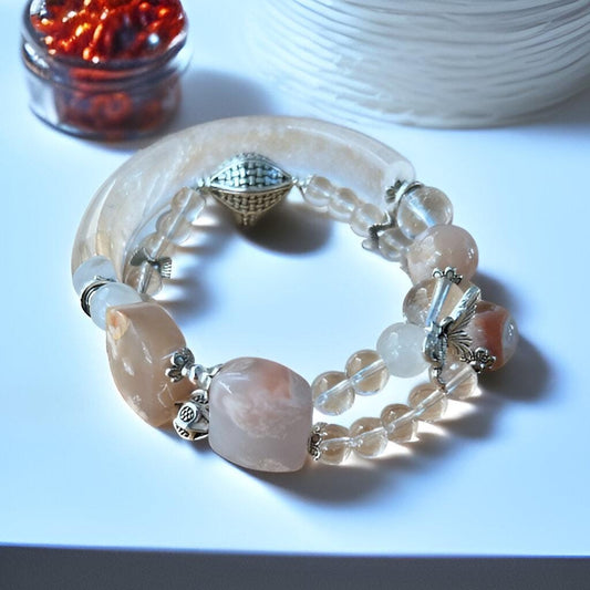 Sakura Agate & Clear Quartz Crescent Bangle with Vintage Silver Accent – 7in