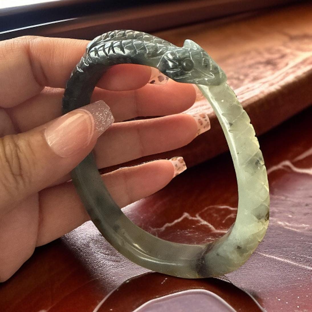 Hand-Carved Snake Bangle in Natural Nephrite Jade – 60.6 mm