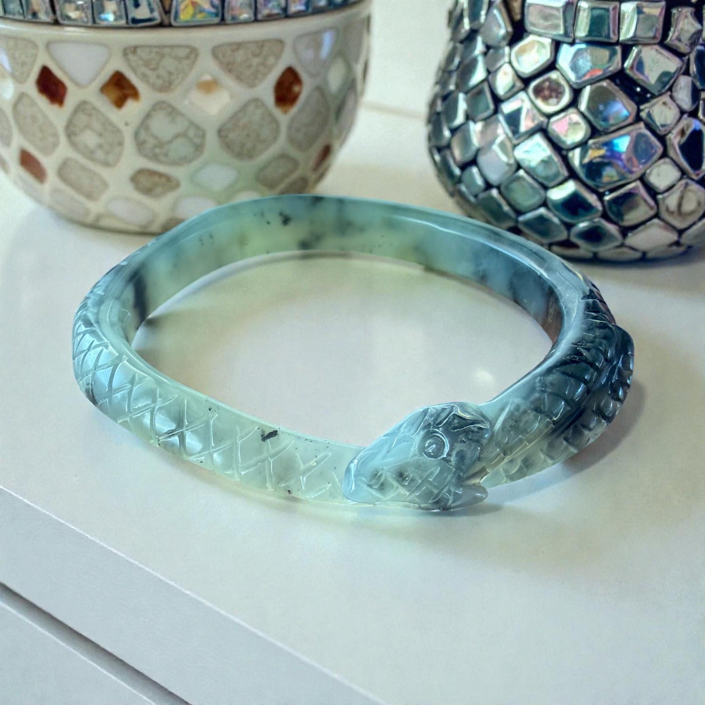 Hand-Carved Snake Bangle in Natural Nephrite Jade – 60.6 mm