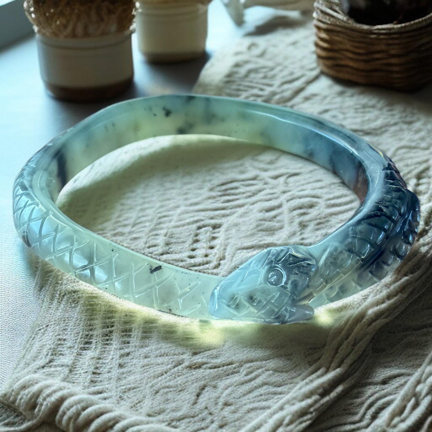Hand-Carved Snake Bangle in Natural Nephrite Jade – 60.6 mm