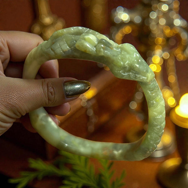 Hand-Carved Serpentine Dragon Bangle Bracelet  – Green Serpent Protection Bracelet