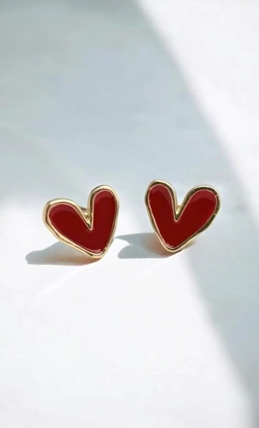 Red Heart Stud Earrings, Bold Retro Heart Jewelry, Gold Tone Statement Studs